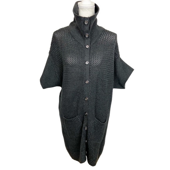 BCBG Paris Grey Waffle Knit Long Cardigan Sweater Short Sleeves Size Small - Picture 2 of 9